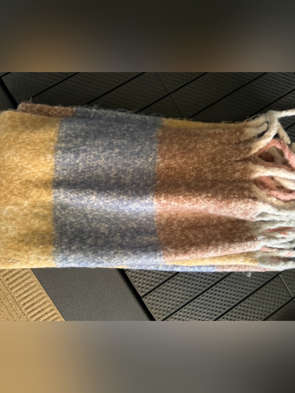 Cozy Checked Fringe Scarf in Pastel Yellow, Blue & Pink